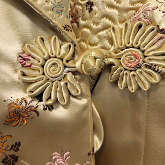 Vintage Chinese Womens Gold Silk Brocade Embroidered Long Coat Jacket Robe Small - Picture 6 of 11